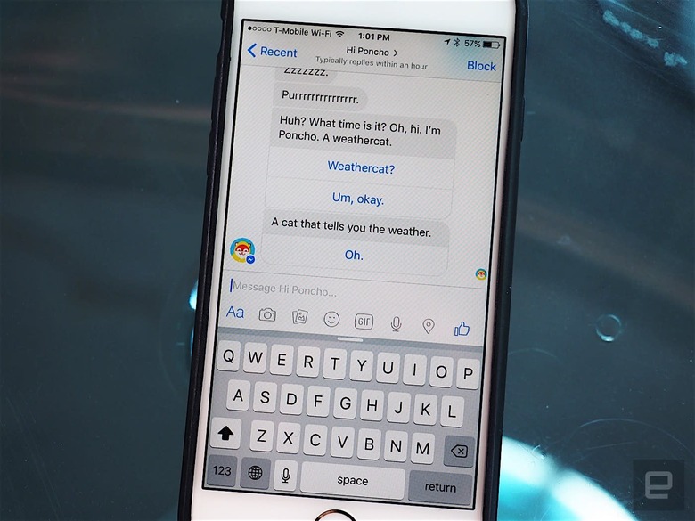 A conversation with the Poncho weather bot in Facebook Messenger